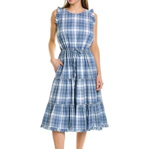 Blue Plaid Sleeveless Dress, adjustable waist XL